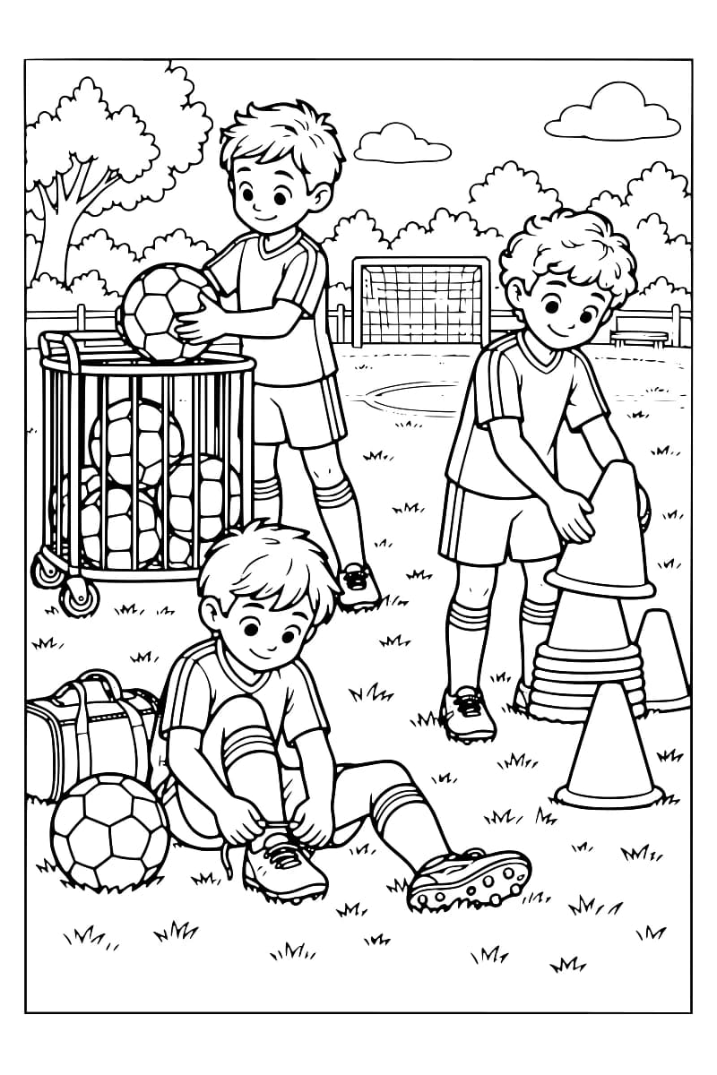 Dessin en noir et blanc de trois enfants sur un terrain de football : l’un place un ballon dans un chariot, un autre empile des plots et le troisième, assis près d’un sac et d’un ballon, noue ses lacets ; un but est visible à l’arrière-plan.