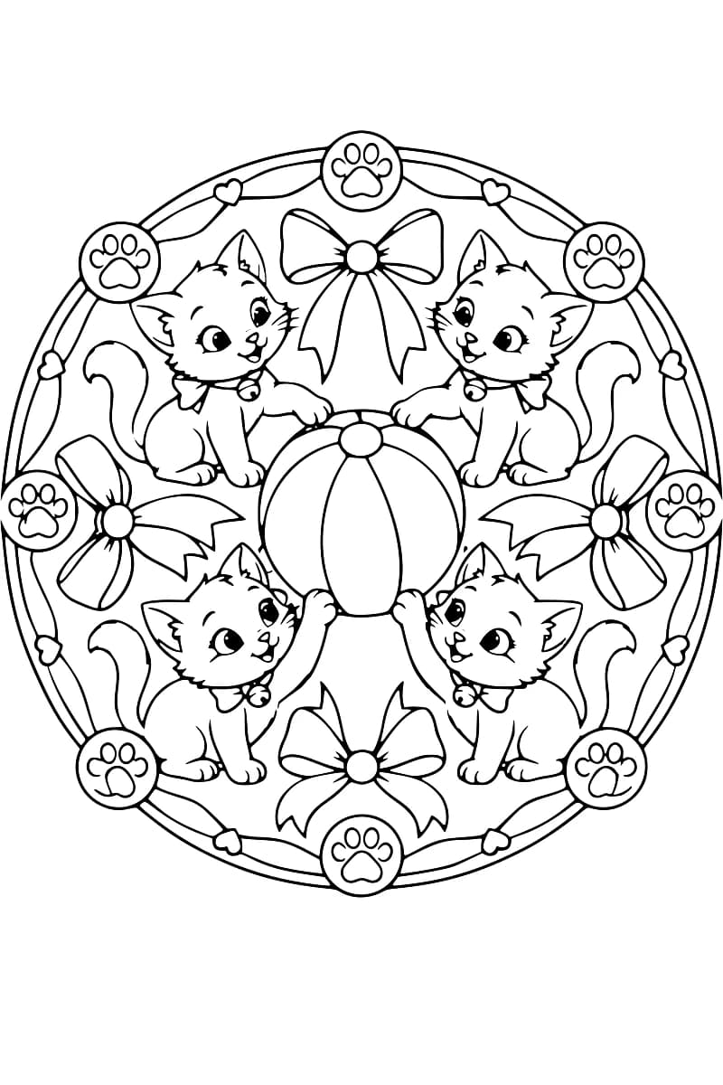 Dessin en noir et blanc de quatre chatons portant des colliers à clochette, une patte posée sur un ballon central, entourés de quatre grands nœuds et d’une bordure circulaire décorée de cœurs et de médaillons à empreintes de pattes.