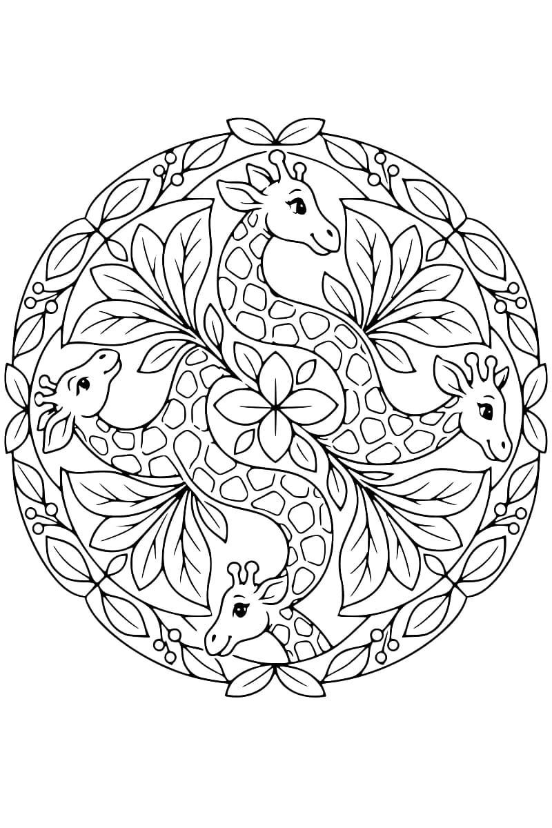 Dessin au trait noir de quatre girafes disposées en cercle autour d’une fleur à quatre pétales, avec de grandes feuilles et une bordure ornée de feuilles et de petites baies.