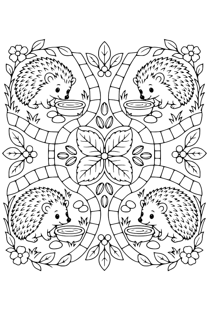 Dessin en noir et blanc de quatre hérissons, chacun devant un bol d’eau, disposés autour de quatre grandes feuilles centrales, avec des chemins bordés de pavés, des cailloux, des touffes d’herbe et des fleurs.