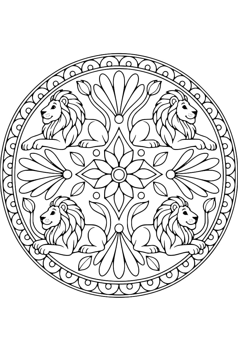 Dessin circulaire en noir et blanc représentant quatre lions à crinière, couchés symétriquement autour d’une rosace florale, parmi des feuilles et des motifs en éventail, le tout entouré d’une bordure de demi-cercles ornés de petits ronds.