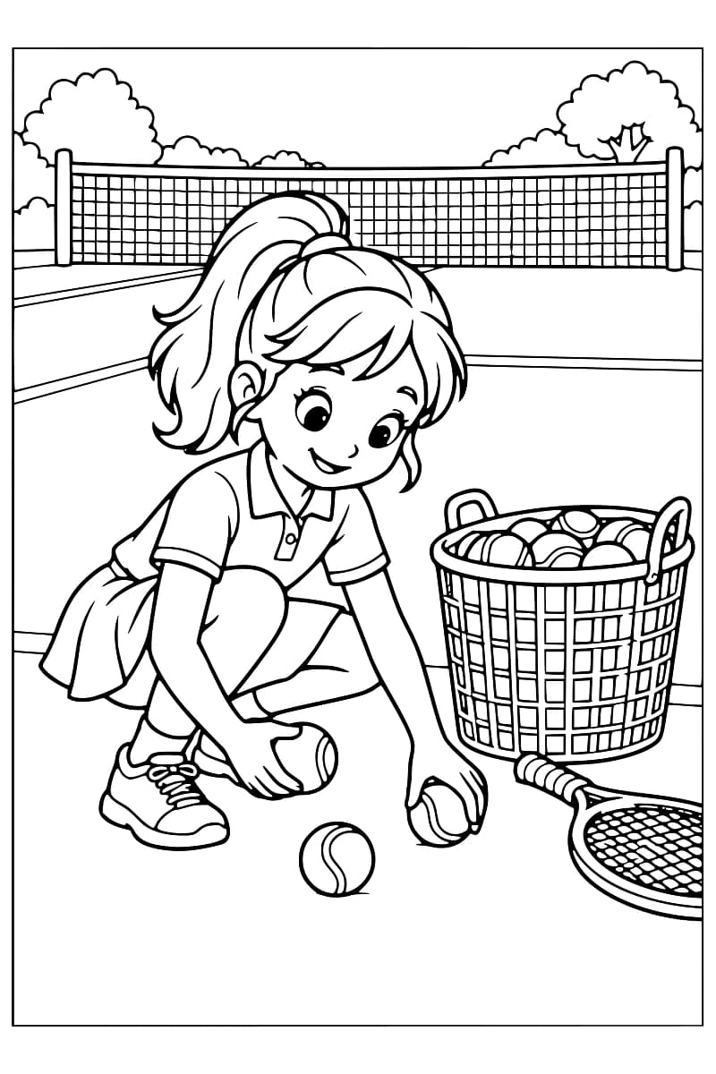 Dessin en noir et blanc d’une fille accroupie tenant deux balles de tennis, avec une troisième au sol, un panier rempli de balles et une raquette à ses côtés, devant un filet.