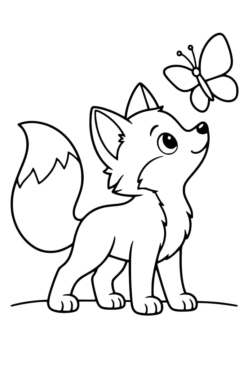 Dessin en noir et blanc d’un petit renard aux grandes oreilles et à la queue touffue relevée, regardant un papillon au-dessus de son museau.