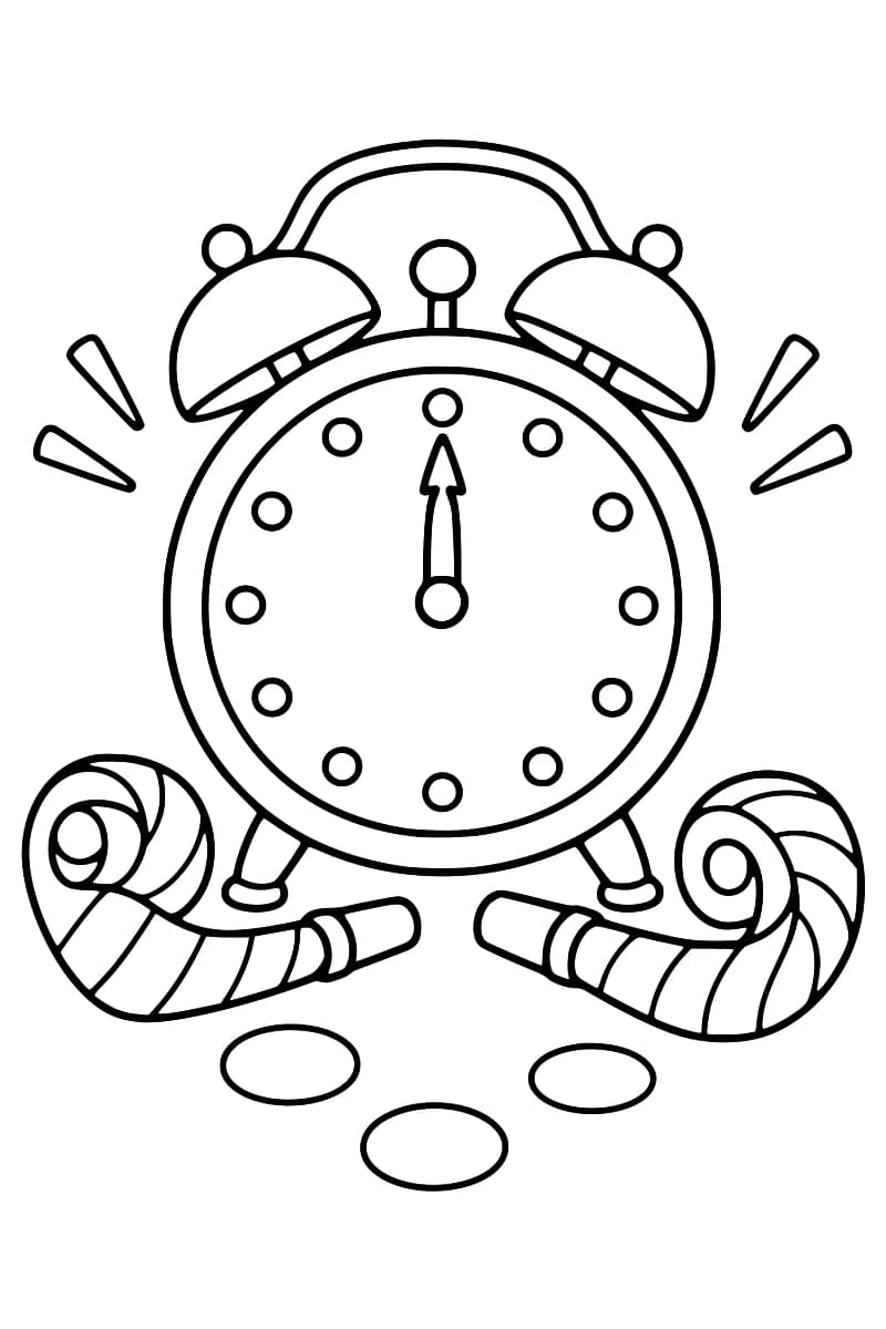 Dessin en noir et blanc d’un réveil à deux cloches dont les aiguilles pointent vers le haut, avec des traits de sonnerie sur les côtés, deux langues de fête enroulées et trois confettis ovales en dessous.