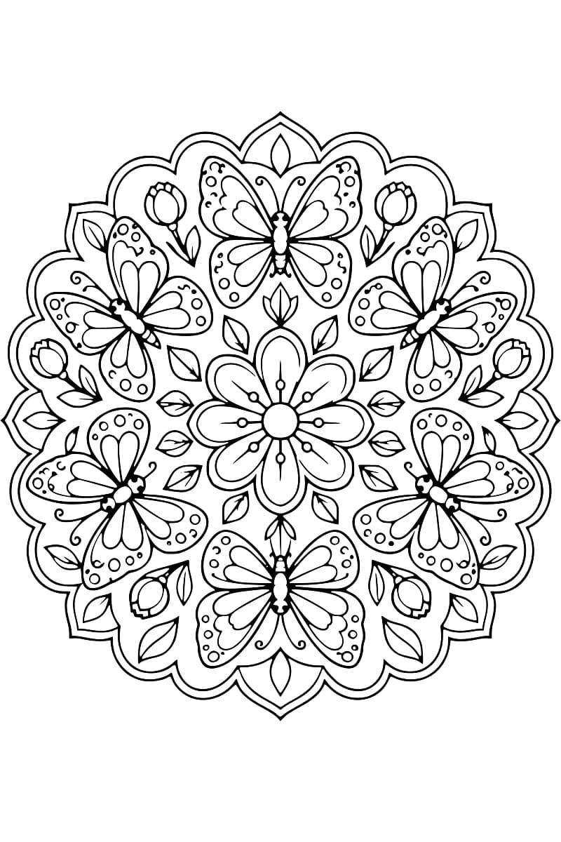 Dessin à colorier en noir et blanc représentant six papillons autour d’une fleur à six pétales, avec des feuilles et des boutons de fleurs dans une bordure festonnée.