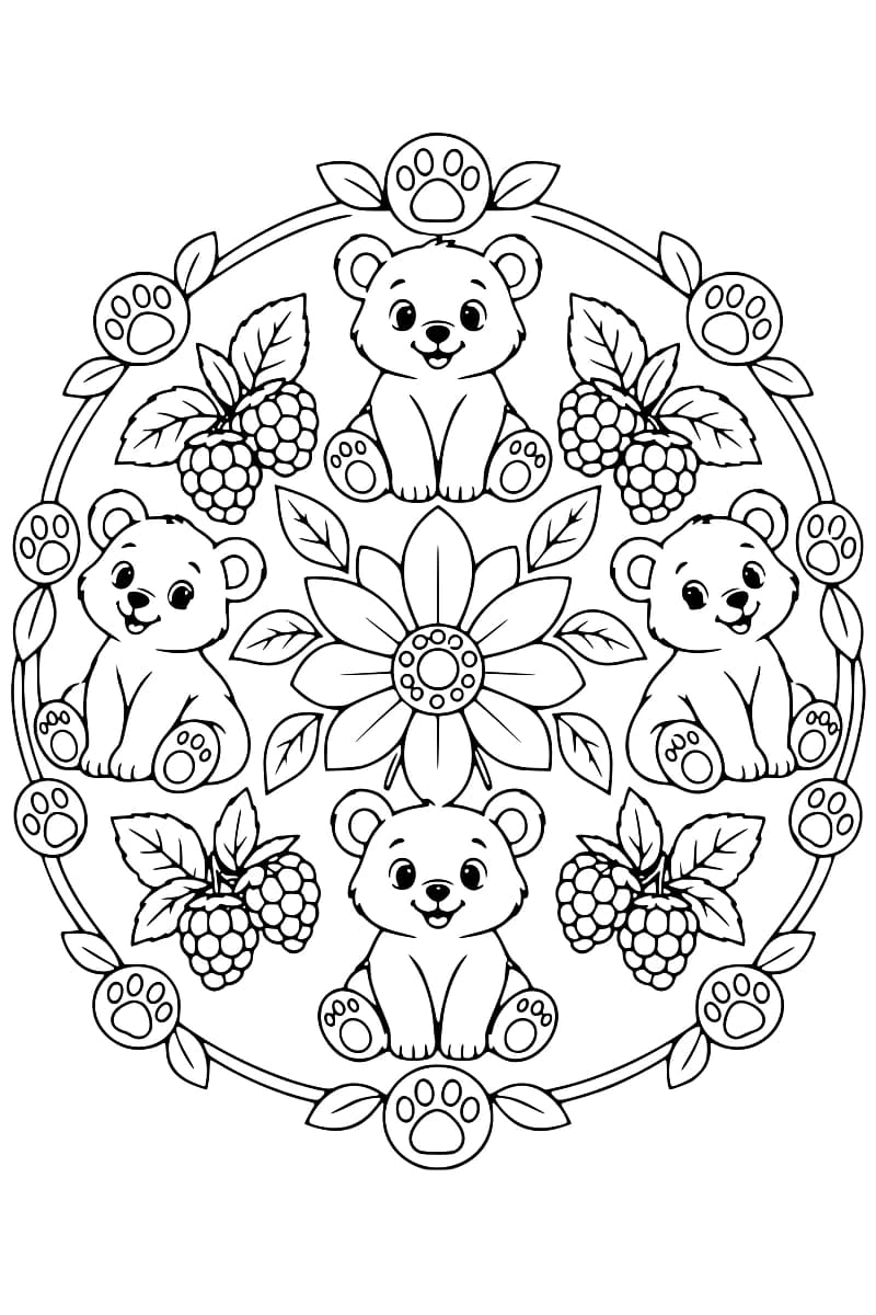 Dessin à colorier en noir et blanc représentant quatre oursons assis autour d’une grande fleur, avec quatre bouquets de framboises et une bordure ovale décorée de feuilles et d’empreintes de pattes.