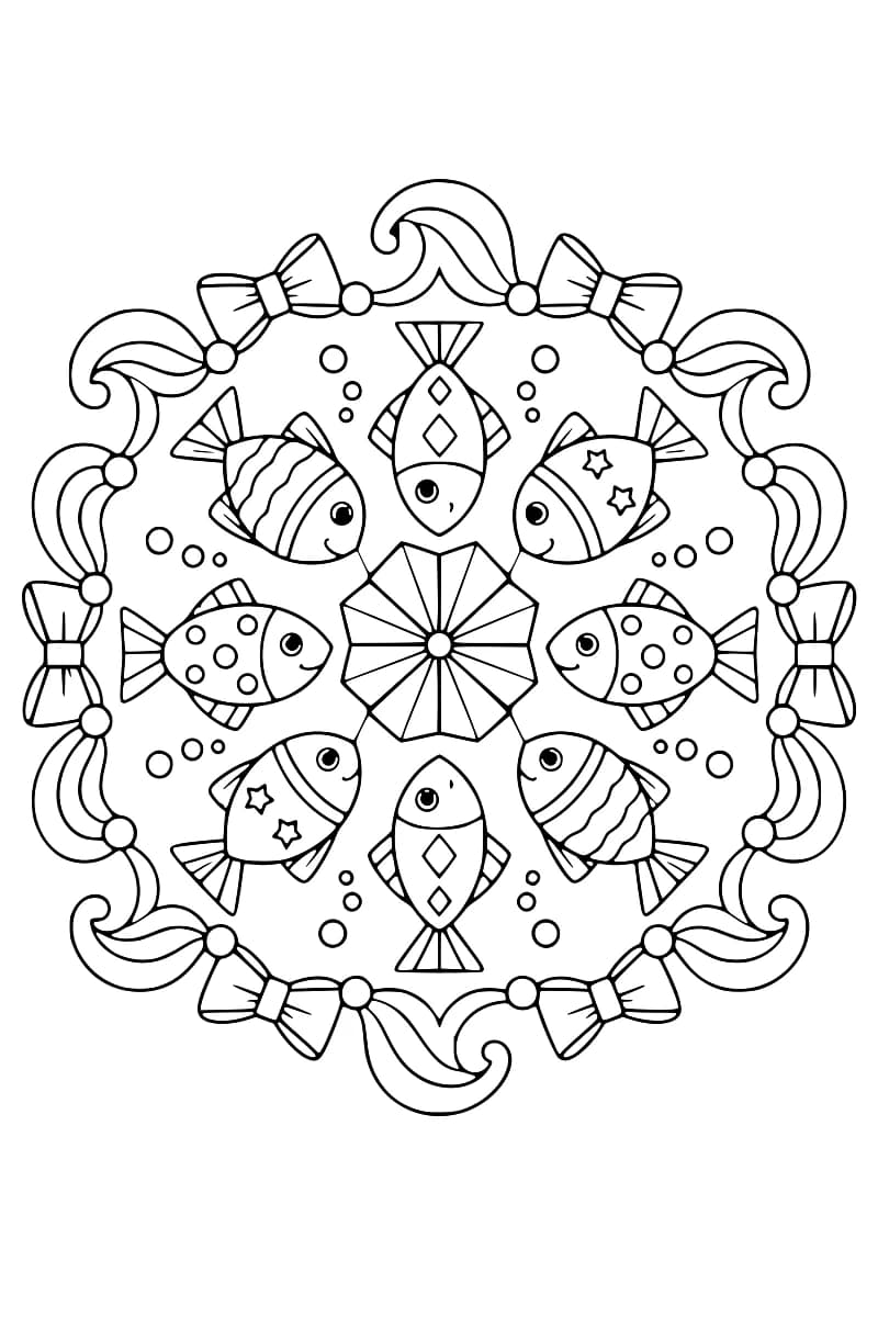 Dessin en noir et blanc représentant huit poissons décorés autour d’une rosace géométrique, avec des motifs ornementaux disposés en cercle.