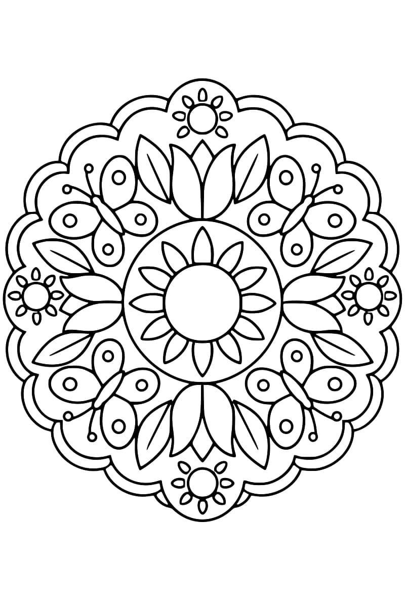 Mandala floral noir et blanc avec une fleur au centre, quatre papillons, des feuilles et de petites fleurs autour.