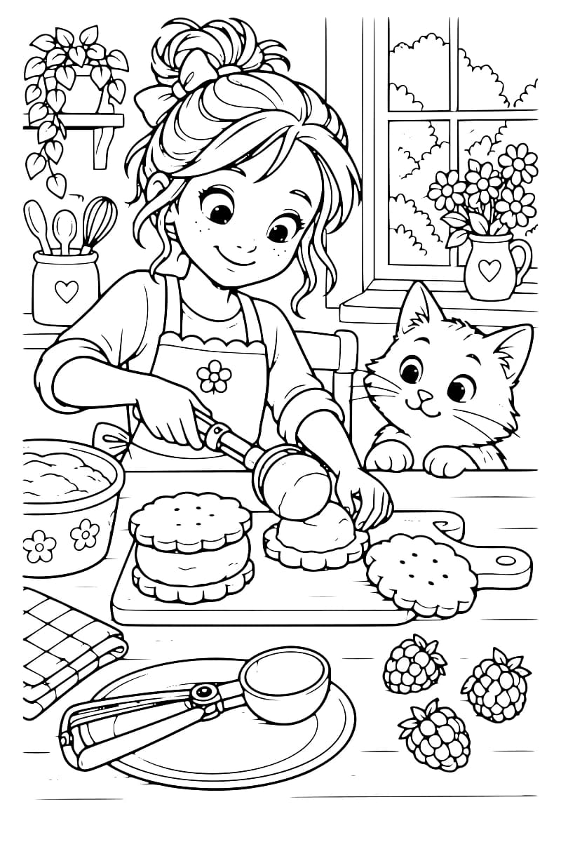 Dessin à colorier d’une jeune fille en tablier déposant une boule de glace sur un biscuit fleuri, à côté d’un sandwich glacé et d’un chat accoudé à la table. Un pot de glace, des cuillères à glace et des framboises complètent la scène dans une cuisine décorée de plantes et de fleurs.