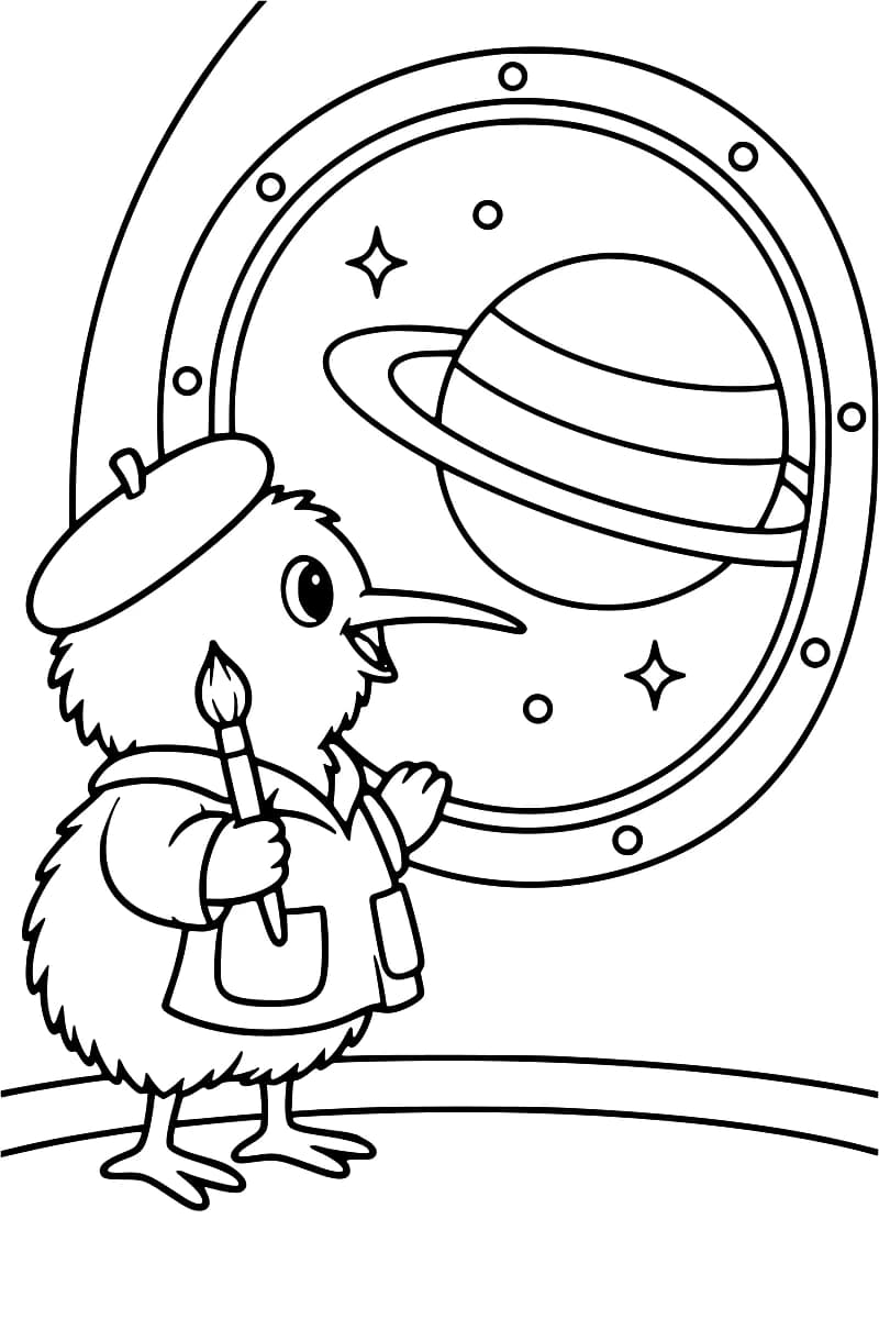 Dessin au trait noir d’un kiwi portant un béret et une blouse à poches, un pinceau à la main, devant un hublot rond où apparaissent Saturne, ses anneaux et quelques étoiles.