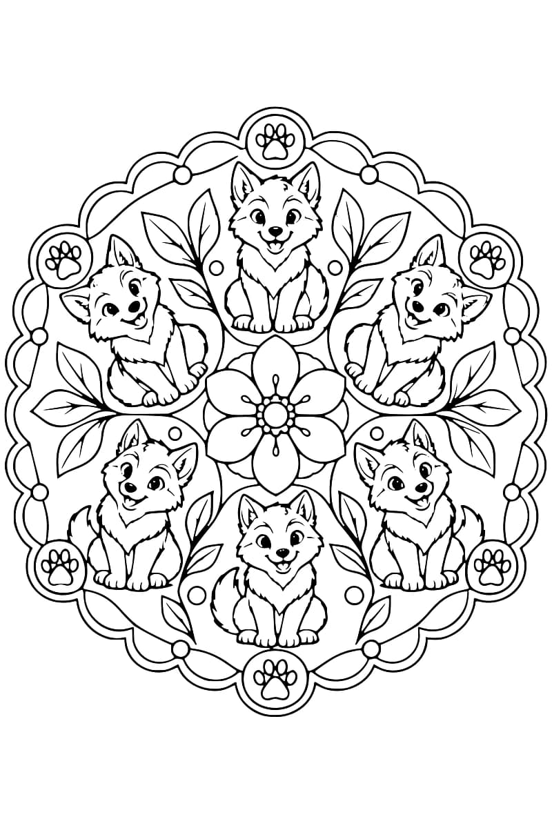 Dessin en noir et blanc de six louveteaux souriants disposés en cercle autour d’une fleur à six pétales, avec des branches feuillues et une bordure festonnée ornée de six empreintes de pattes.