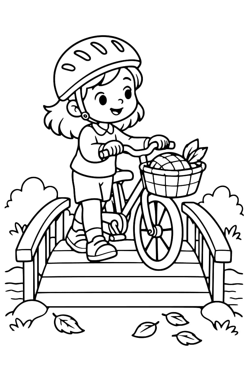 Dessin en noir et blanc d’un enfant souriant portant un casque et poussant un vélo sur un pont en bois au-dessus de l’eau, avec un panier garni à l’avant, des buissons et des feuilles au sol.