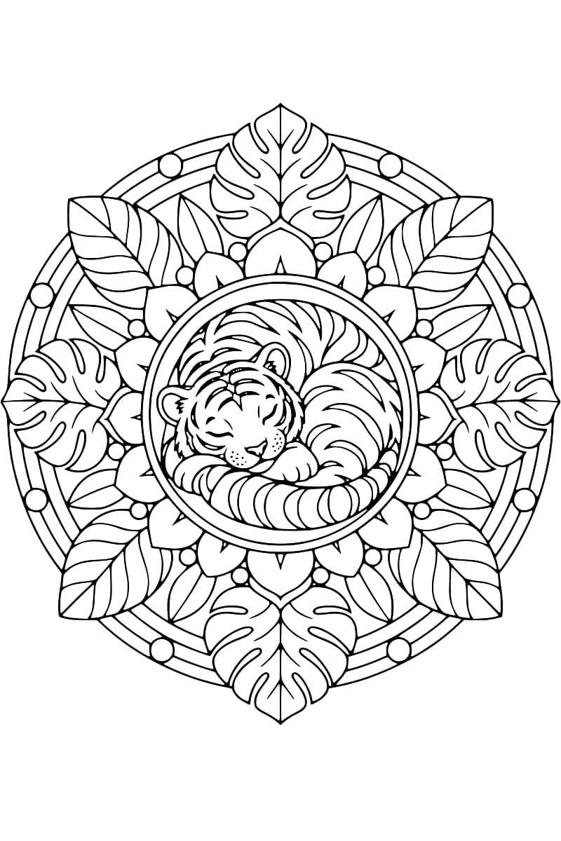 Dessin en noir et blanc d’un tigre rayé, les yeux fermés, roulé en boule dans un médaillon circulaire entouré de pétales, de grandes feuilles nervurées ou découpées et de petits cercles.