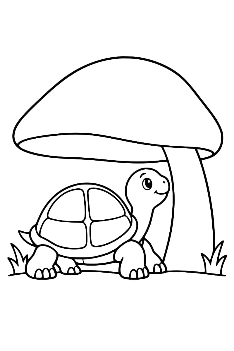 Dessin en noir et blanc d’une tortue à la carapace divisée en grandes écailles, sous un champignon géant entouré de quelques touffes d’herbe.