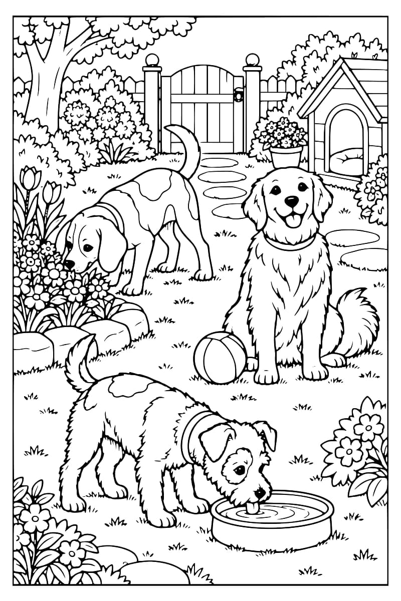Dessin en noir et blanc montrant trois chiens dans un jardin fleuri : l’un renifle les fleurs, l’un est assis près d’une balle et l’autre boit dans une grande écuelle.