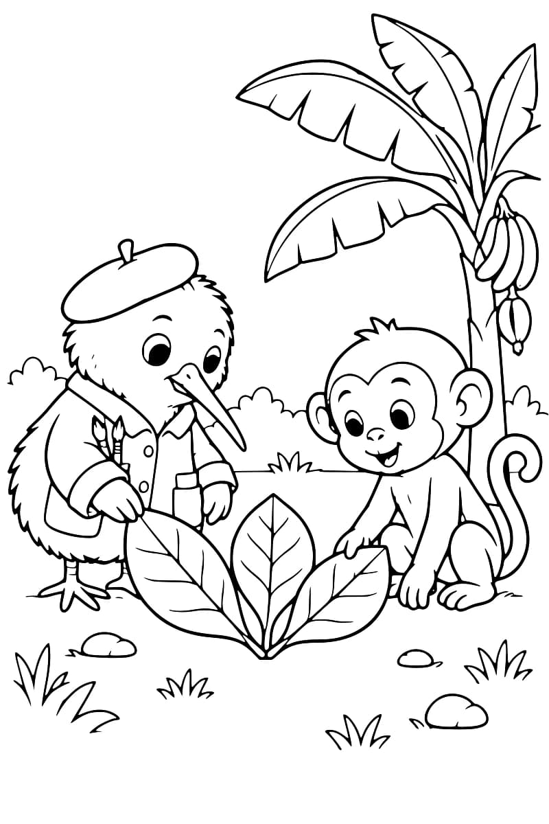 Dessin en noir et blanc d’un oiseau au long bec, vêtu d’une veste et d’un béret, et d’un singe assis devant trois grandes feuilles réunies en éventail au sol, près d’un bananier portant des bananes.