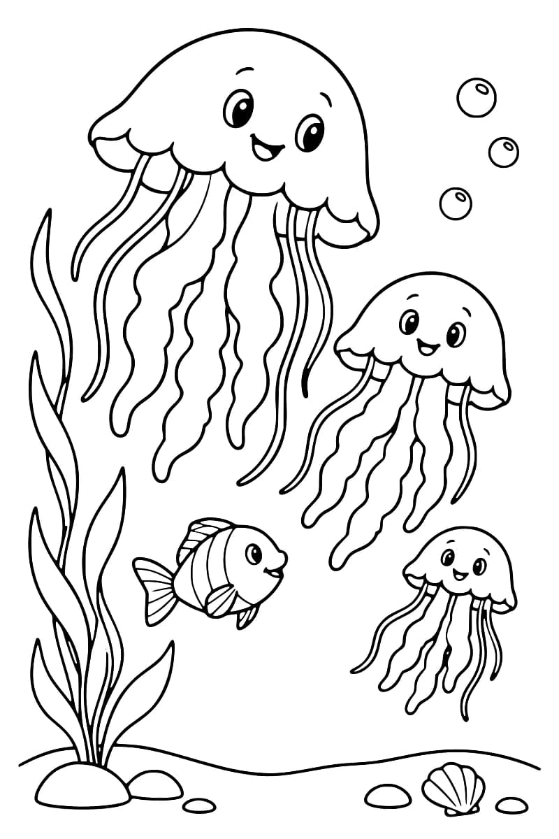 Dessin en noir et blanc de trois méduses souriantes de tailles différentes, d’un poisson rayé et d’une grande algue à gauche, avec trois bulles, des pierres et un coquillage sur le fond marin.