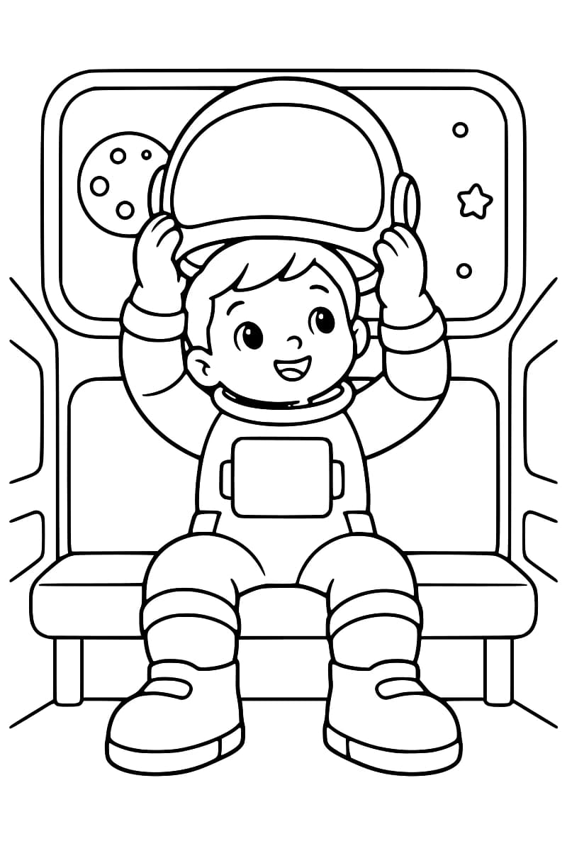 Dessin en noir et blanc d’un jeune astronaute assis sur une banquette, tenant un grand casque au-dessus de sa tête avec ses deux mains gantées. Une fenêtre derrière lui laisse voir un astre à cratères et une étoile.