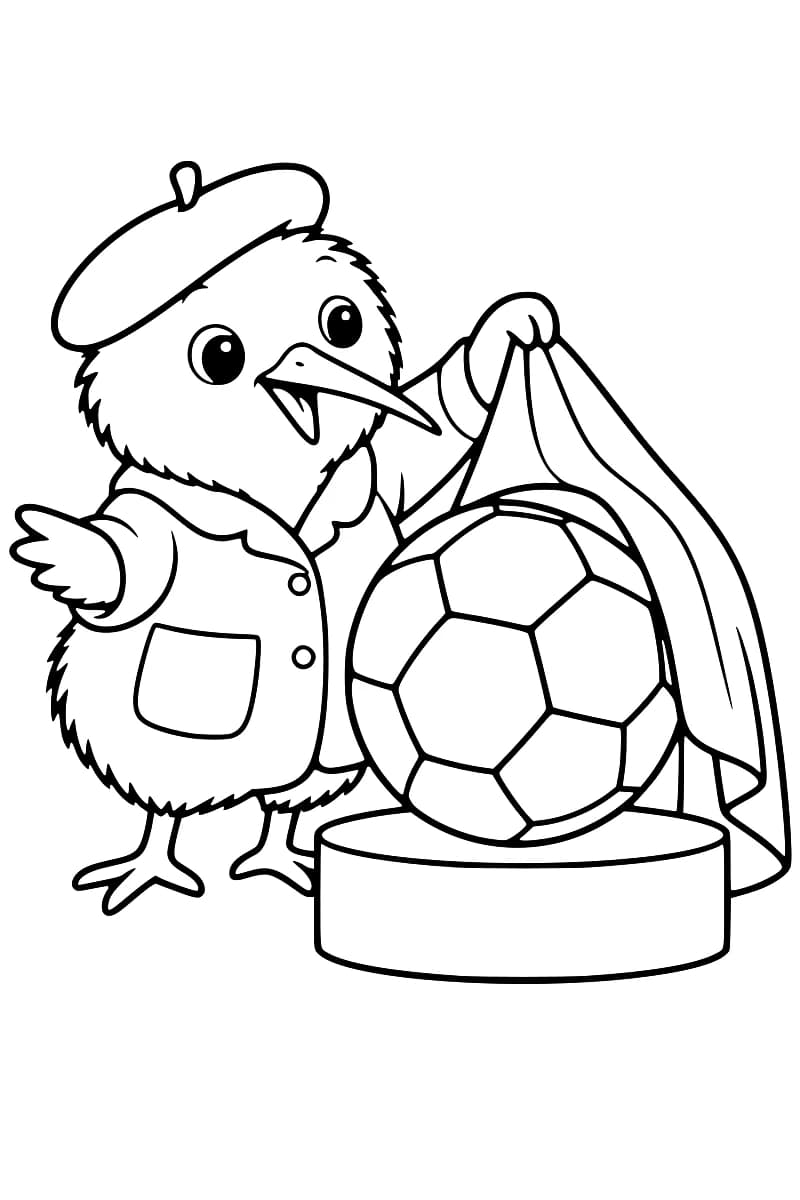 Dessin en noir et blanc d’un oiseau portant un béret et une veste, une aile tendue et l’autre soulevant un tissu qui découvre un ballon de football sur un socle rond.