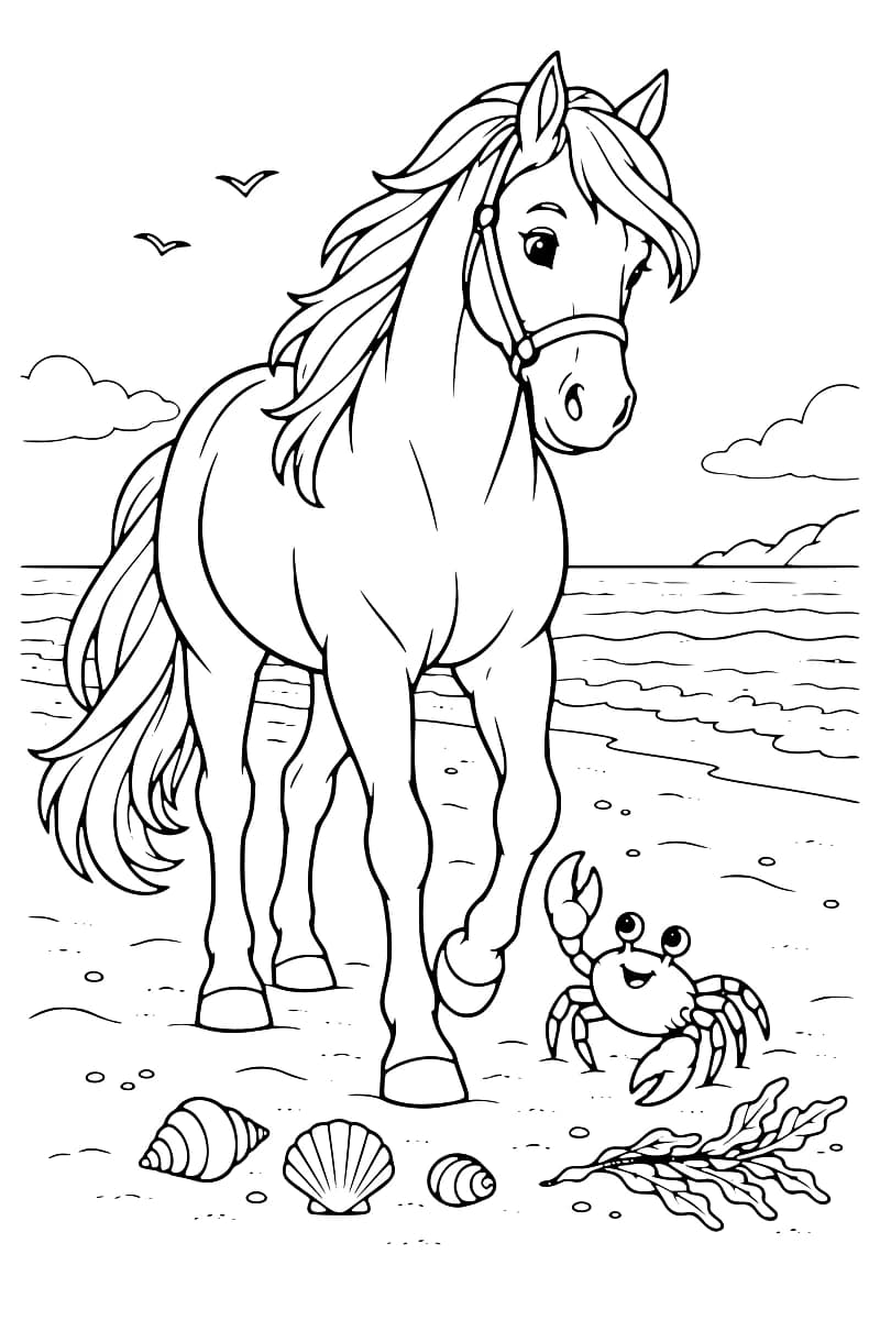 Dessin à colorier d’un cheval portant un licol sur une plage, à côté d’un crabe souriant qui lève une pince. Trois coquillages et des algues reposent sur le sable, avec la mer, des nuages et deux oiseaux en arrière-plan.