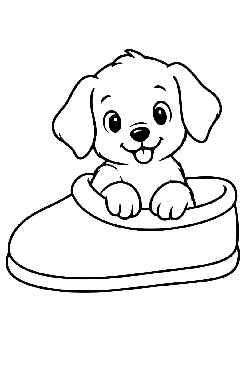 Dessin en noir et blanc d’un chiot aux oreilles tombantes, la langue sortie et les deux pattes avant sur le bord d’une grande pantoufle.