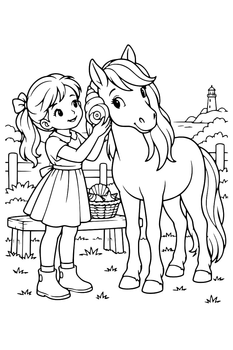 Dessin à colorier d’une fillette tenant un coquillage contre l’oreille d’un poney à longue crinière, avec un banc, un panier de coquillages, une clôture et un phare en arrière-plan.