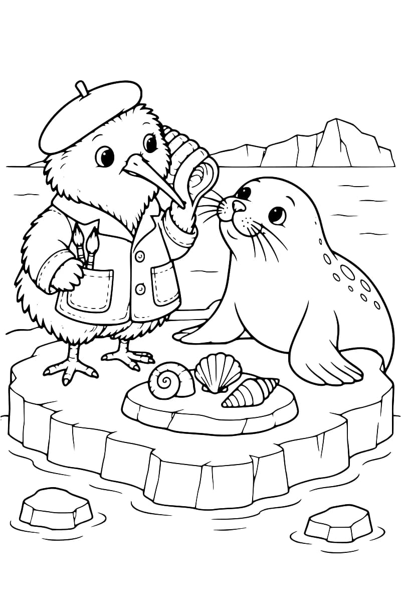 Dessin à colorier d’un kiwi en béret et en veste tenant un coquillage près de sa tête, face à un phoque assis sur la glace. Trois autres coquillages reposent devant eux, avec la mer et des icebergs en arrière-plan.
