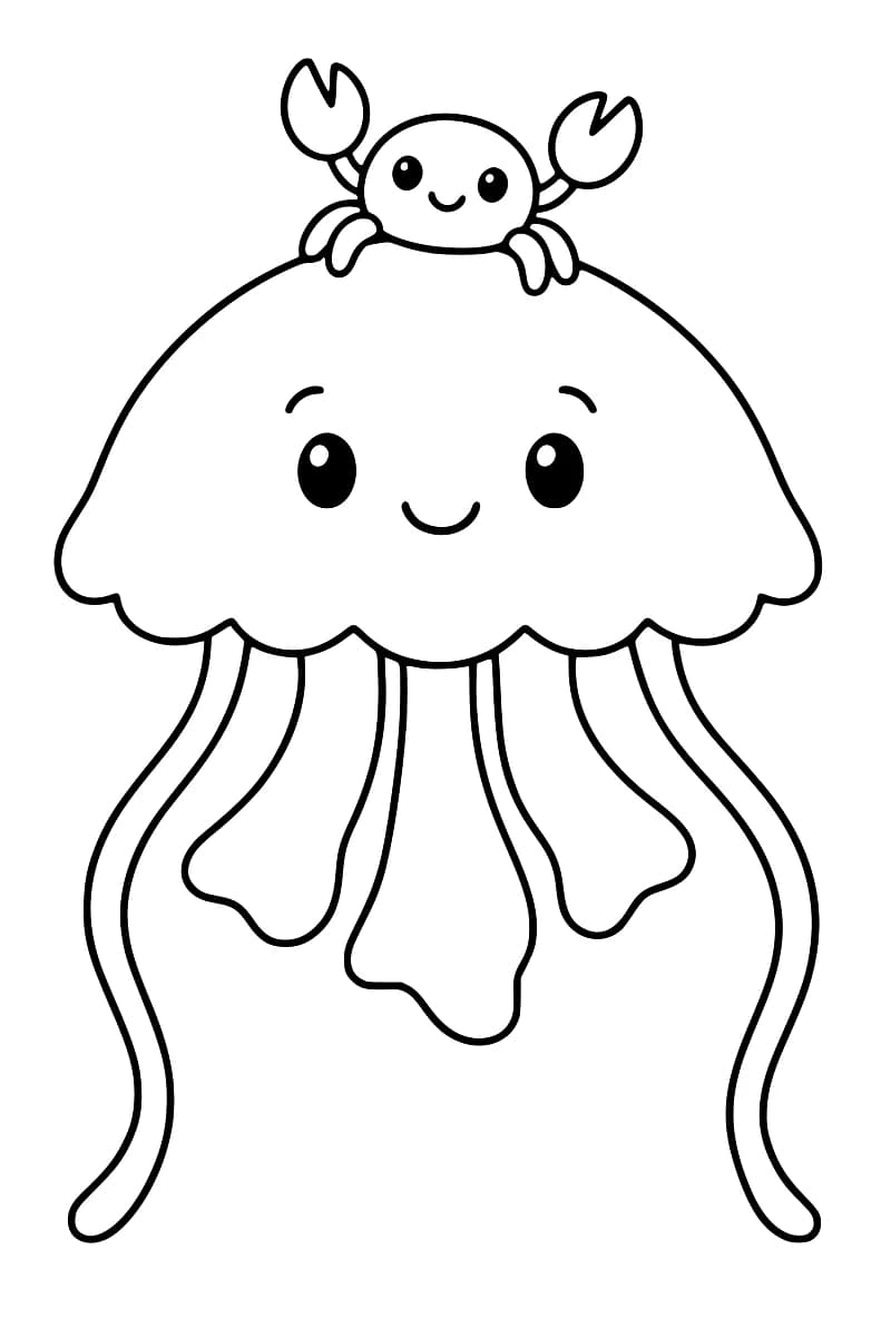 Dessin au trait noir sur fond blanc d’une méduse souriante à l’ombrelle arrondie et aux longs tentacules ondulés, portant un petit crabe souriant aux pinces levées.