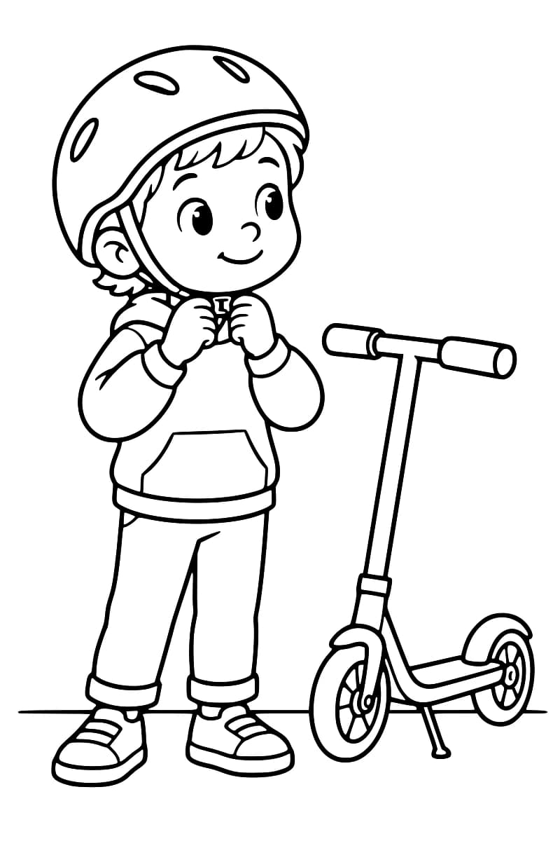 Dessin en noir et blanc d’un enfant souriant, les mains sur la jugulaire de son casque, à côté d’une trottinette à deux roues posée sur sa béquille.
