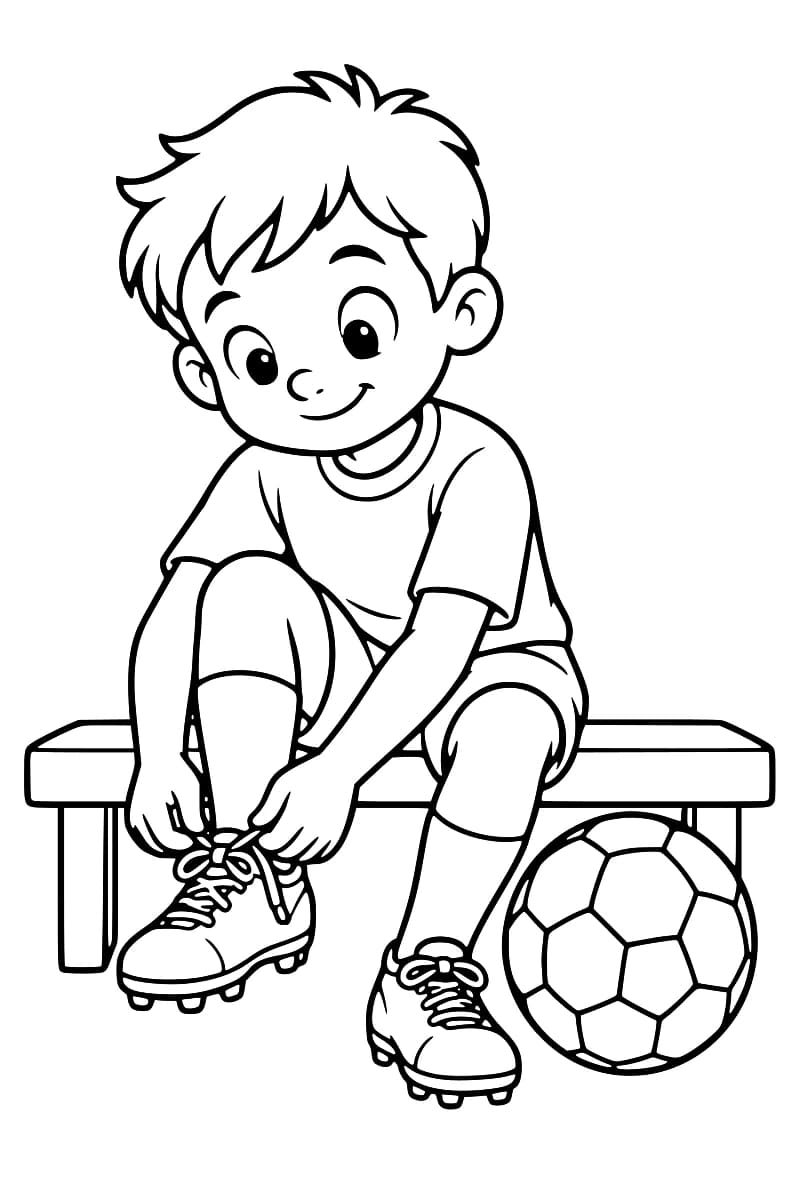 Dessin en noir et blanc d’un enfant souriant, assis sur un banc, qui attache les lacets de sa chaussure à crampons ; un ballon de football repose près de ses pieds.