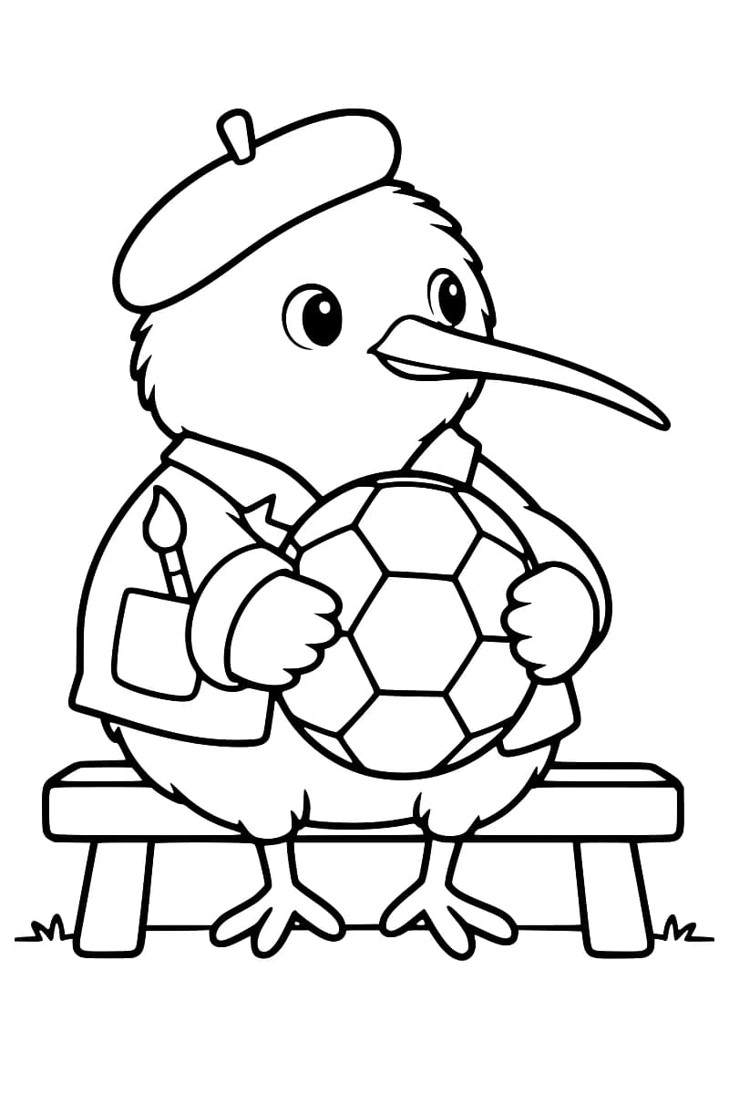 Dessin en noir et blanc d’un kiwi au long bec, portant un béret et une blouse avec un pinceau dans la poche, assis sur un banc et tenant un gros ballon de football.