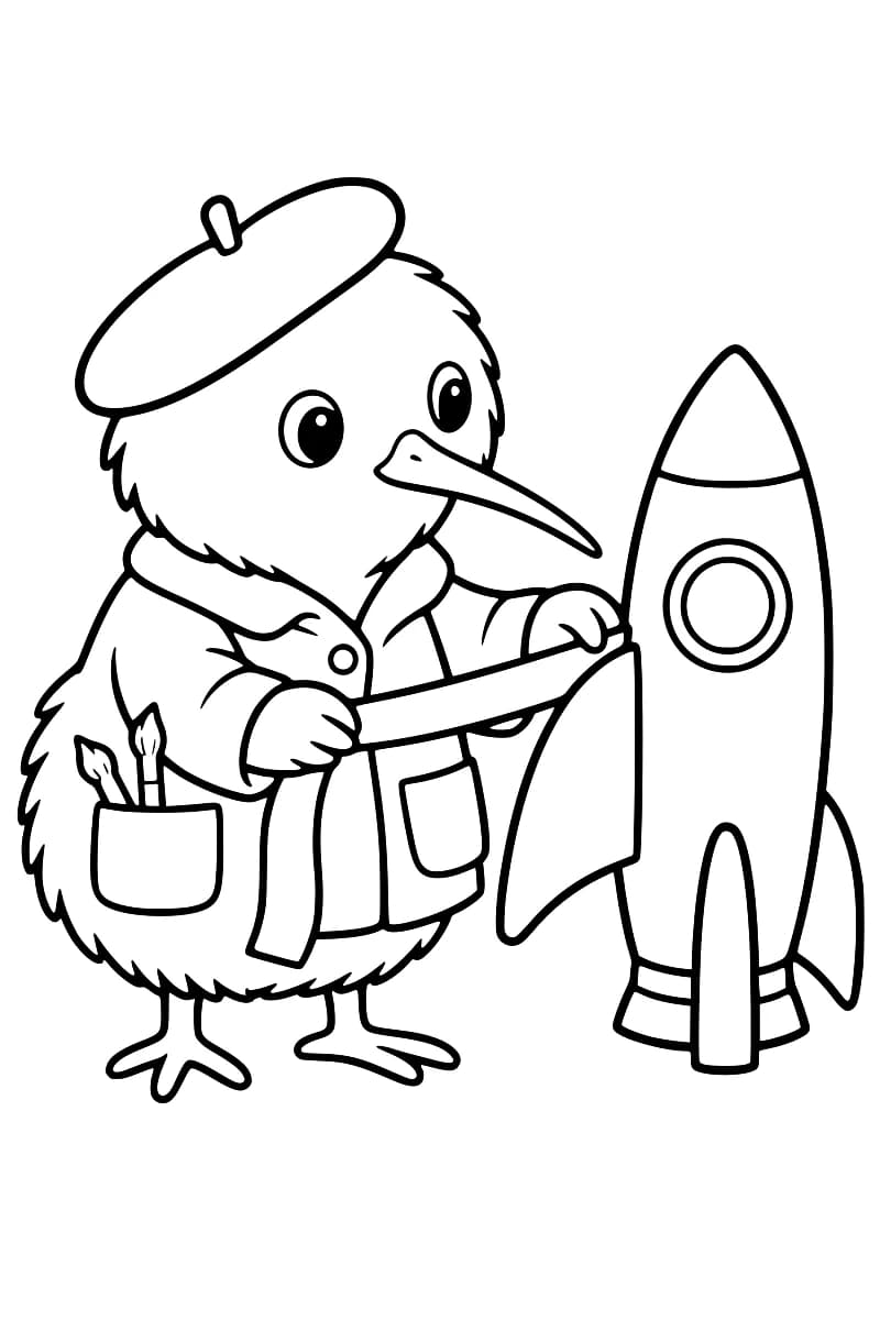 Dessin en noir et blanc d’un kiwi portant un béret et une veste avec des pinceaux dans une poche, tenant un ruban contre l’aileron d’une fusée à hublot.