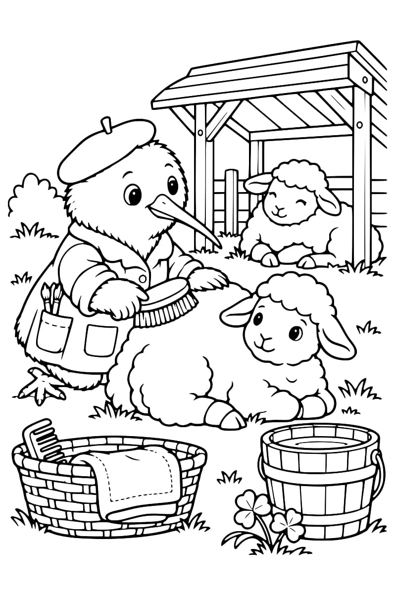 Dessin à colorier d’un oiseau en béret et en blouse brossant le dos d’un mouton couché, avec un second mouton sous un abri en bois, un panier contenant un peigne et un linge, et un seau d’eau.