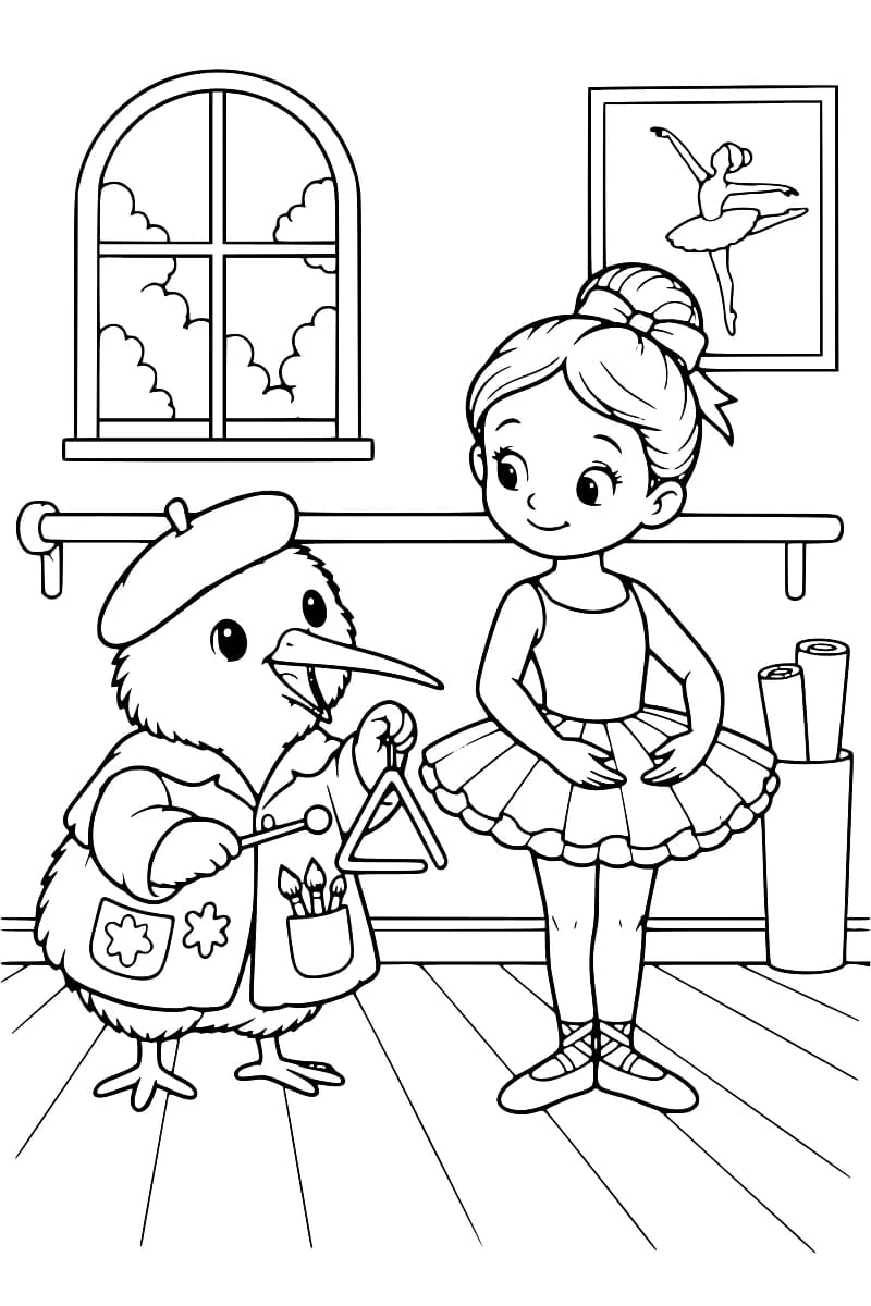 Dessin en noir et blanc d’un oiseau au long bec tenant un triangle et sa baguette, à côté d’une danseuse en tutu, les bras arrondis devant elle et les pieds au sol. Une fenêtre, une barre de danse, un tableau de ballerine et des rouleaux dans un pot complètent la scène.