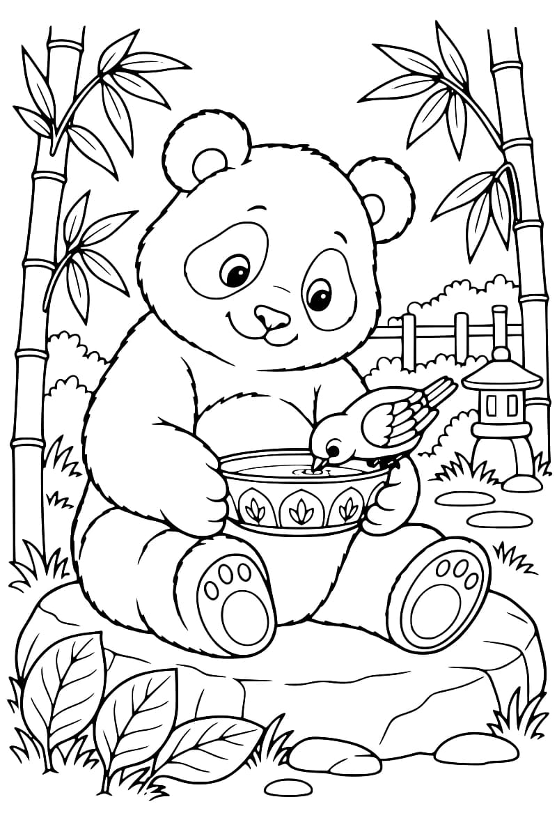 Dessin à colorier d’un panda assis sur un rocher, tenant un bol décoré de feuilles où boit un oiseau perché sur le bord, avec des bambous, une clôture et une lanterne en arrière-plan.