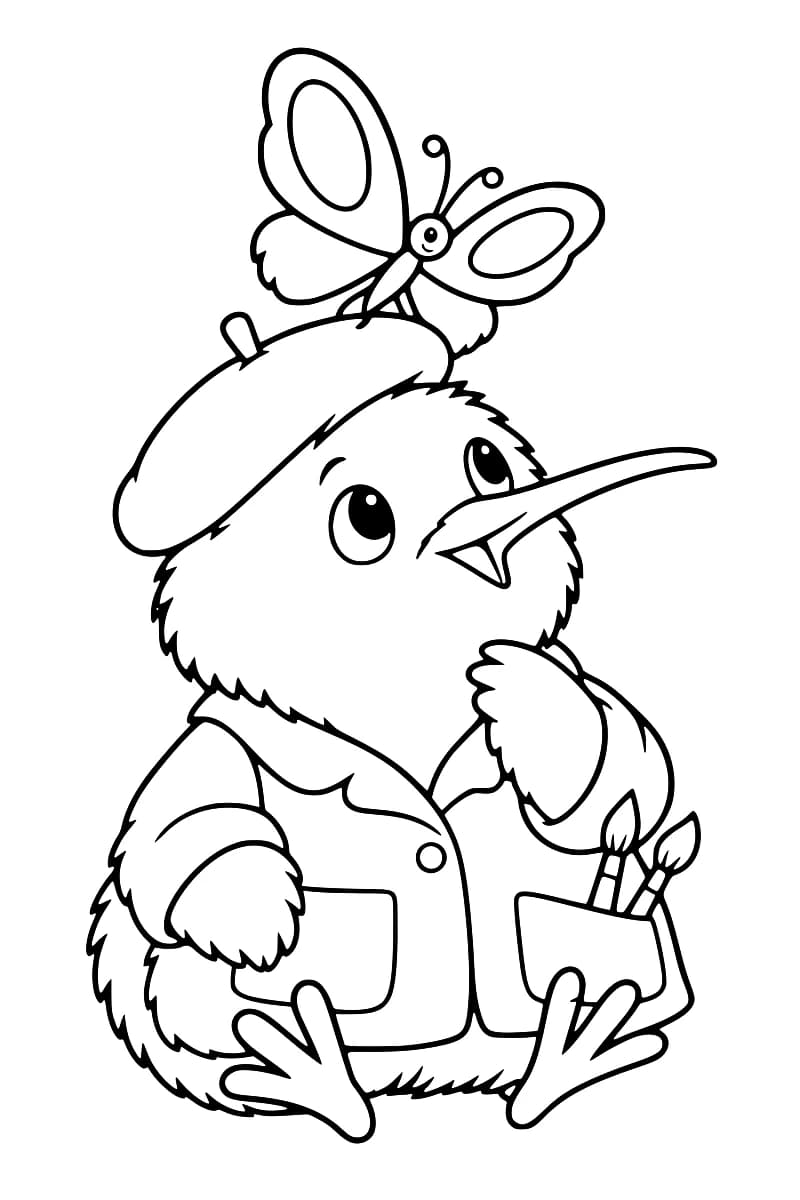 Dessin en noir et blanc d’un kiwi assis, au long bec, portant un béret et une blouse avec deux pinceaux dans une poche, tandis qu’un grand papillon aux ailes déployées se pose sur son béret.