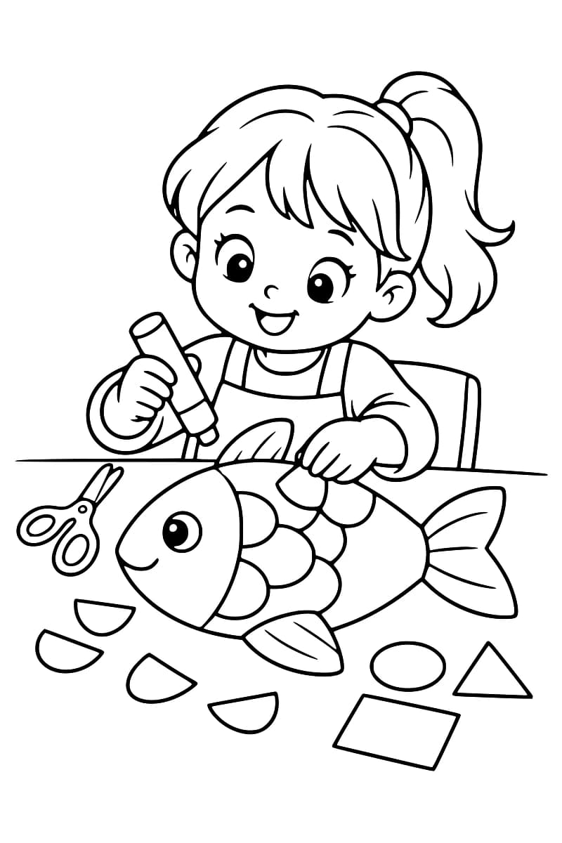 Dessin à colorier d’une enfant souriante tenant un bâton de colle et posant une écaille sur un grand poisson en papier, avec des ciseaux et des formes découpées sur la table.