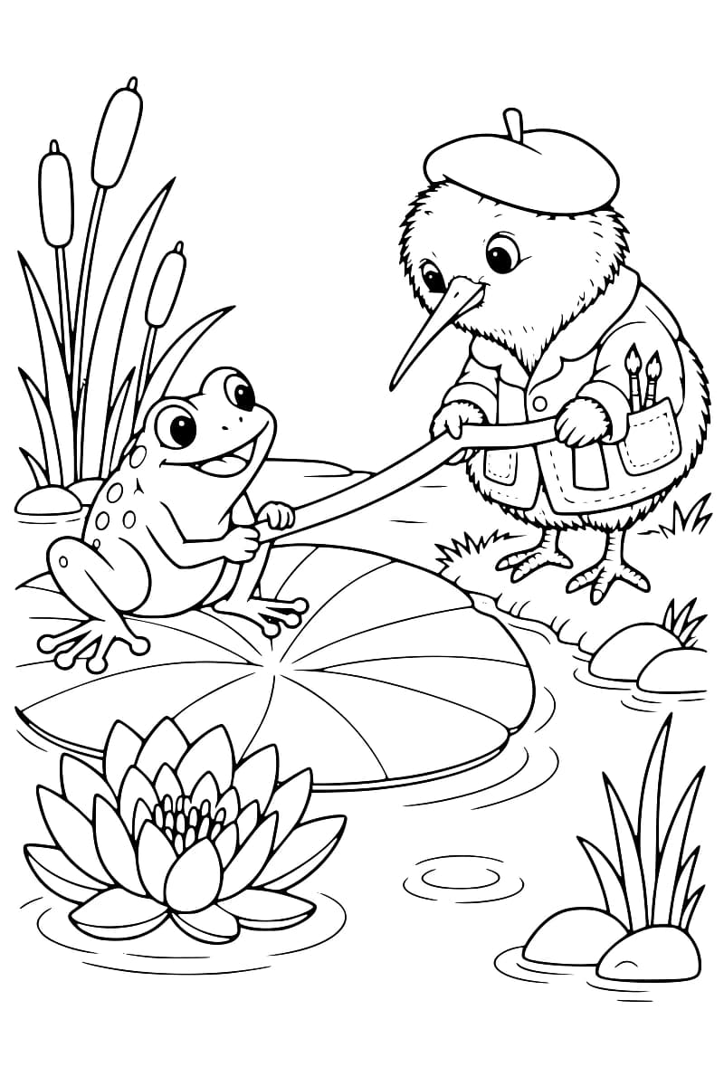 Dessin en noir et blanc d’une grenouille assise sur une feuille de nénuphar, tenant un long ruban avec un kiwi vêtu d’une veste et d’un béret, des pinceaux dans sa poche, entourés de roseaux, de pierres et d’une fleur de nénuphar.