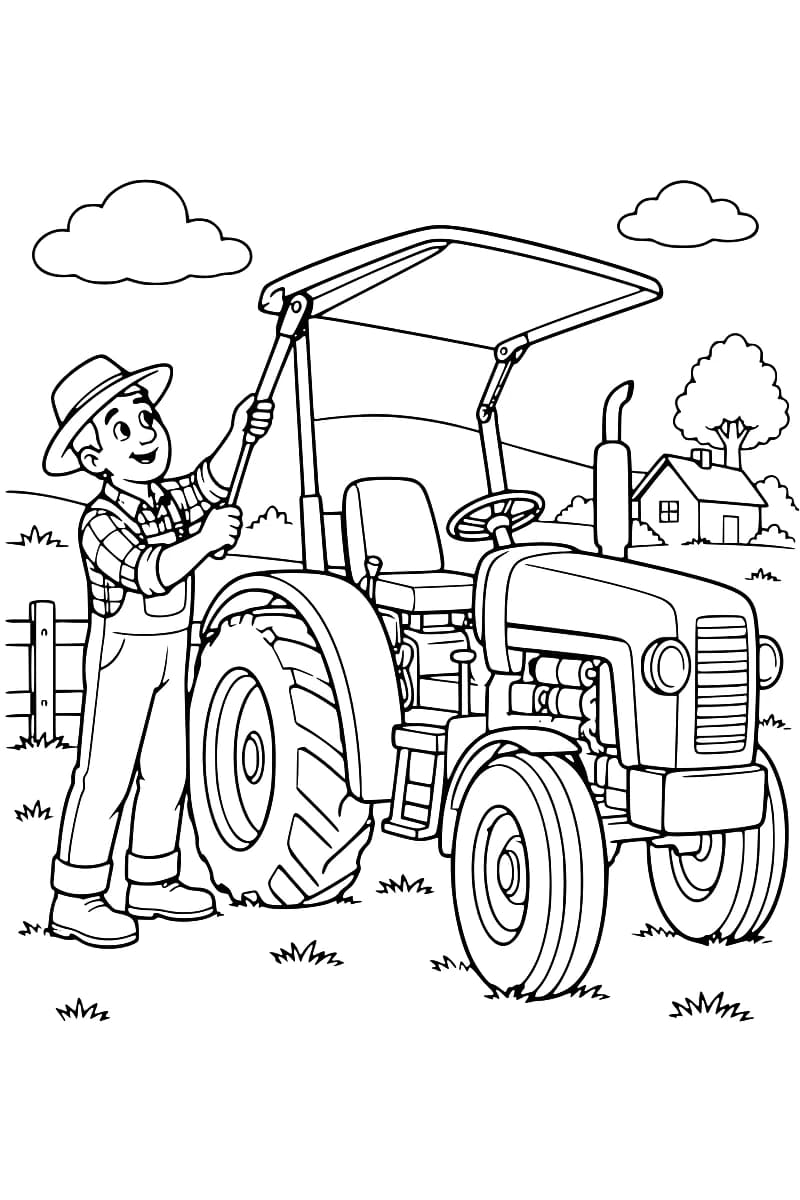 Dessin en noir et blanc d’une personne en salopette et chapeau, debout à côté d’un tracteur et tenant un support de son auvent, avec une clôture, une maison, un arbre et des nuages en arrière-plan.