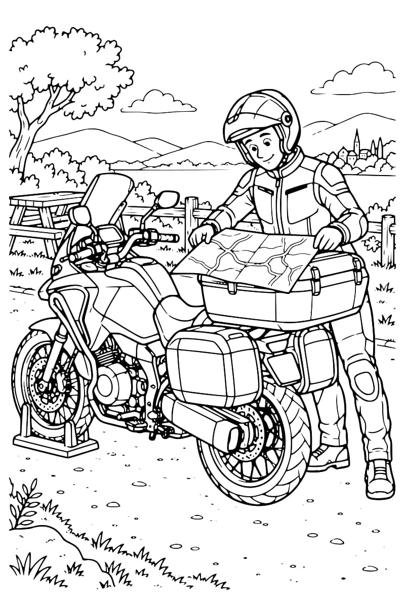 Dessin en noir et blanc d’une personne en tenue de moto tenant une carte ouverte sur le coffre arrière d’une moto équipée de valises latérales, dont la roue avant repose dans un support, avec une table de pique-nique, un arbre, des collines et un village en arrière-plan.