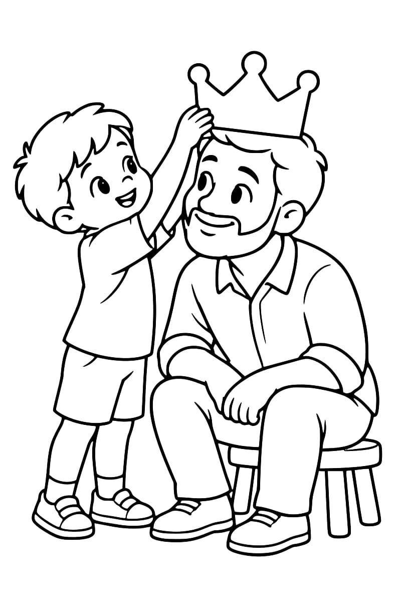 Dessin en noir et blanc d’un enfant debout posant une couronne à trois pointes arrondies sur la tête de son papa barbu, assis sur un tabouret, tous deux souriants.