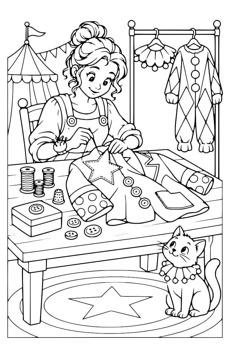 Dessin en noir et blanc d’une costumière cousant une étoile sur une veste de clown posée sur une table avec des bobines, des boutons et un dé à coudre. Un costume et une collerette sont suspendus à un portant, un chapiteau apparaît en arrière-plan et un chat à collerette est assis sur un tapis étoilé.