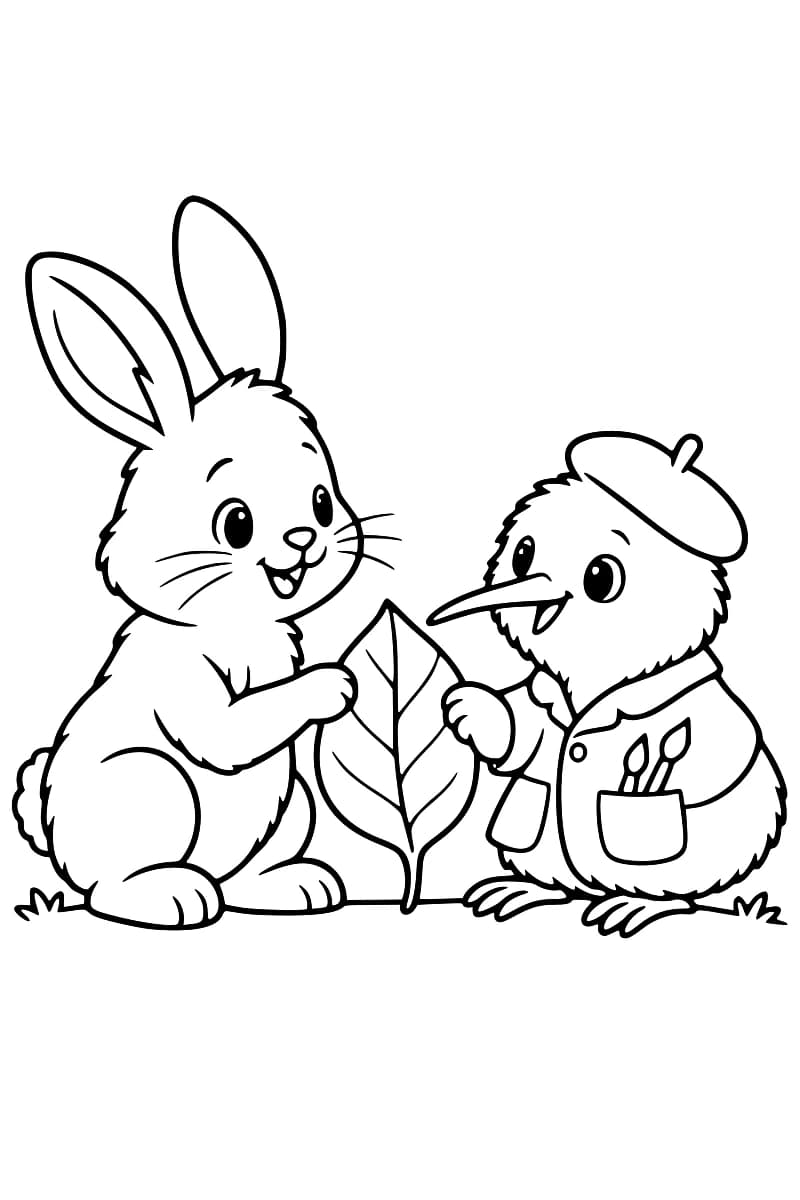 Dessin au trait noir sur fond blanc d’un lapin assis à gauche et d’un kiwi à droite, tenant une grande feuille verticale aux nervures visibles. Le kiwi porte un béret et une veste avec deux pinceaux dans la poche.