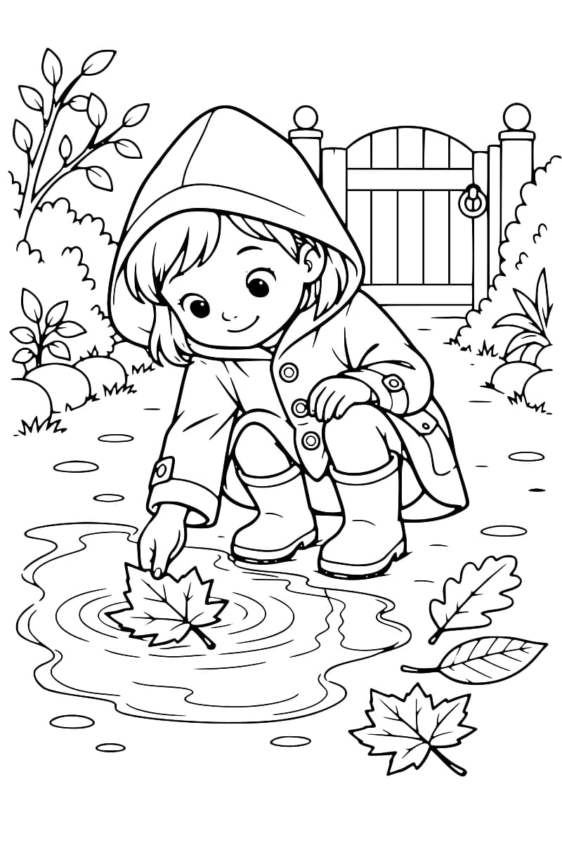 Dessin au trait d’un enfant accroupi, vêtu d’un imperméable à capuche et de bottes, touchant une feuille dans une flaque entourée d’ondulations, avec des feuilles au sol et un portail en arrière-plan.
