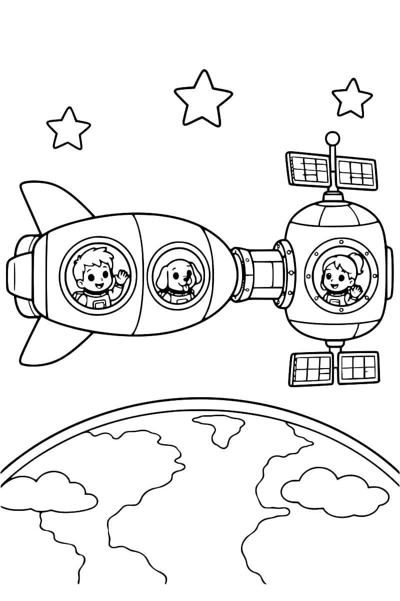 Dessin à colorier d’une fusée reliée par un court tunnel à une station spatiale équipée de panneaux solaires, au-dessus de la Terre, avec deux enfants et un chien visibles aux hublots et trois étoiles autour.