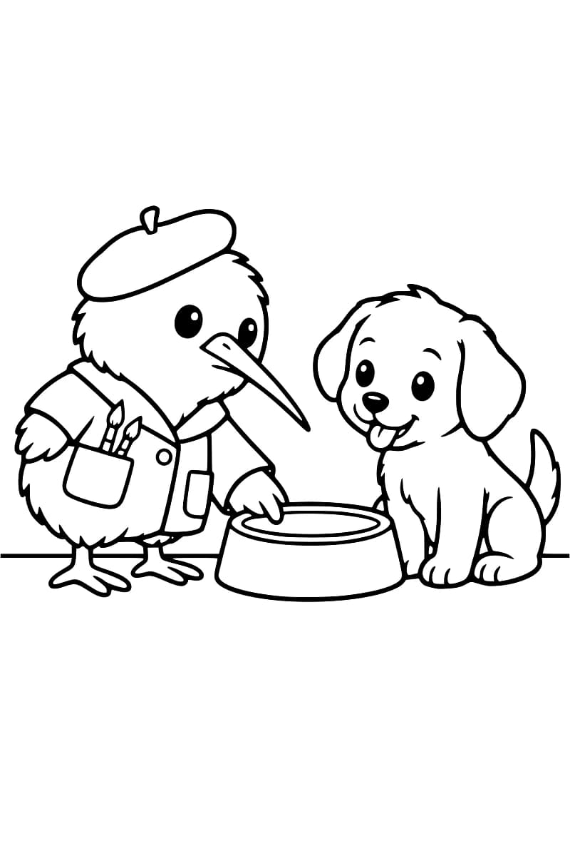 Dessin en noir et blanc d’un oiseau au long bec, coiffé d’un béret et vêtu d’une blouse avec des pinceaux dans la poche, à côté d’une gamelle et d’un chiot assis, la langue sortie.