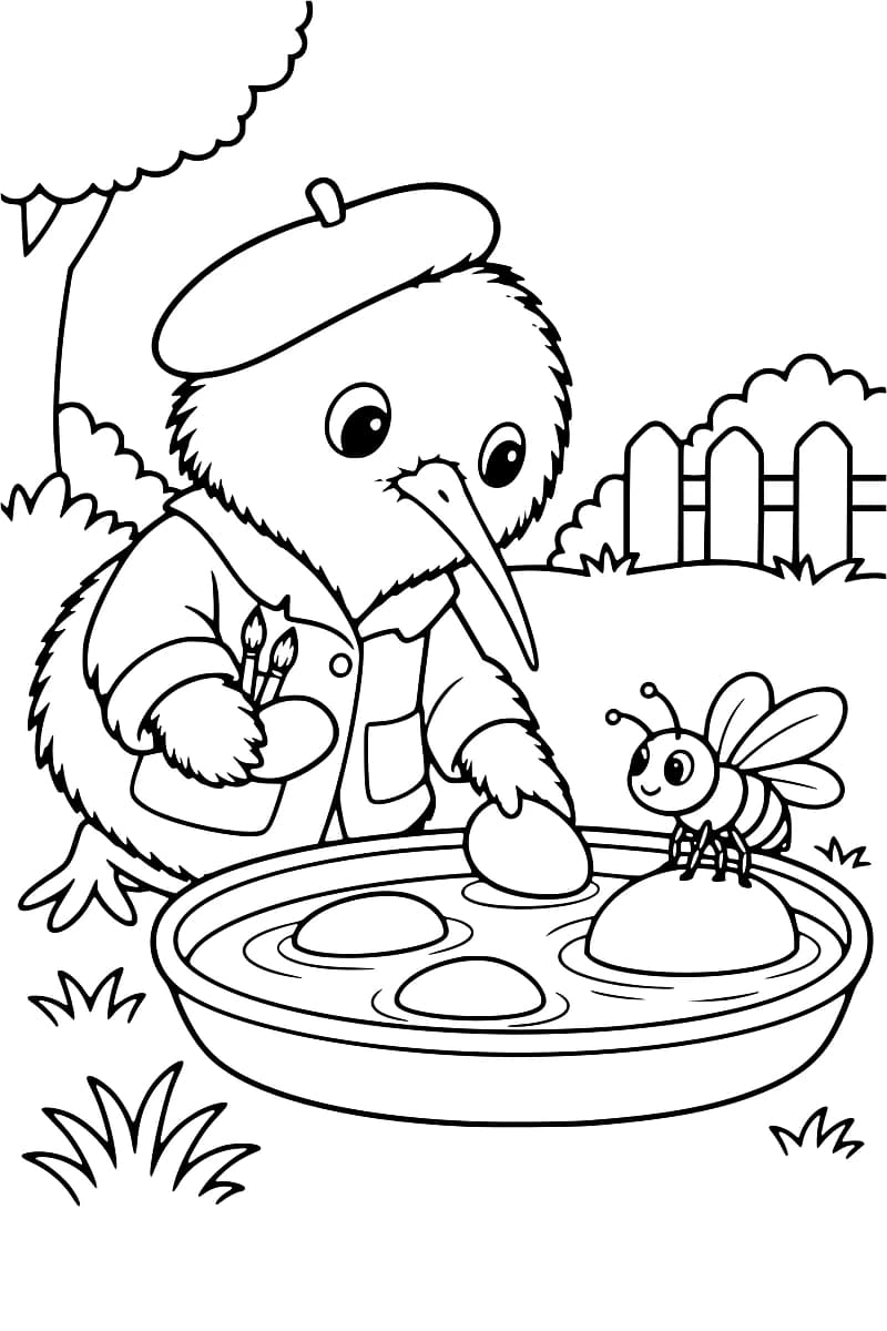 Dessin à colorier d’un kiwi portant un béret et une veste, plaçant un galet dans une soucoupe d’eau devant une abeille posée sur une autre pierre, dans un jardin.