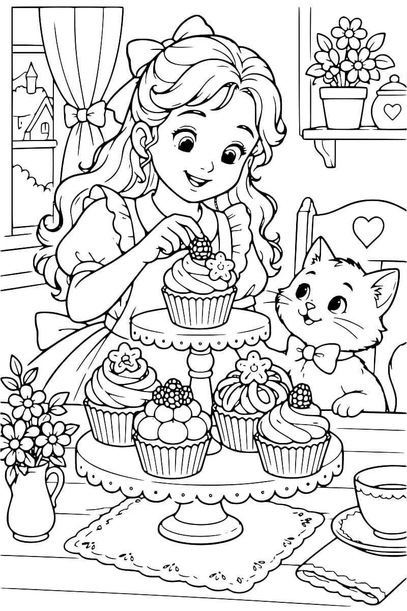 Dessin à colorier d’une jeune fille posant une framboise sur un cupcake, avec quatre autres cupcakes sur l’étage inférieur du présentoir et un chat à ses côtés ; des fleurs, une tasse et une fenêtre complètent la scène.