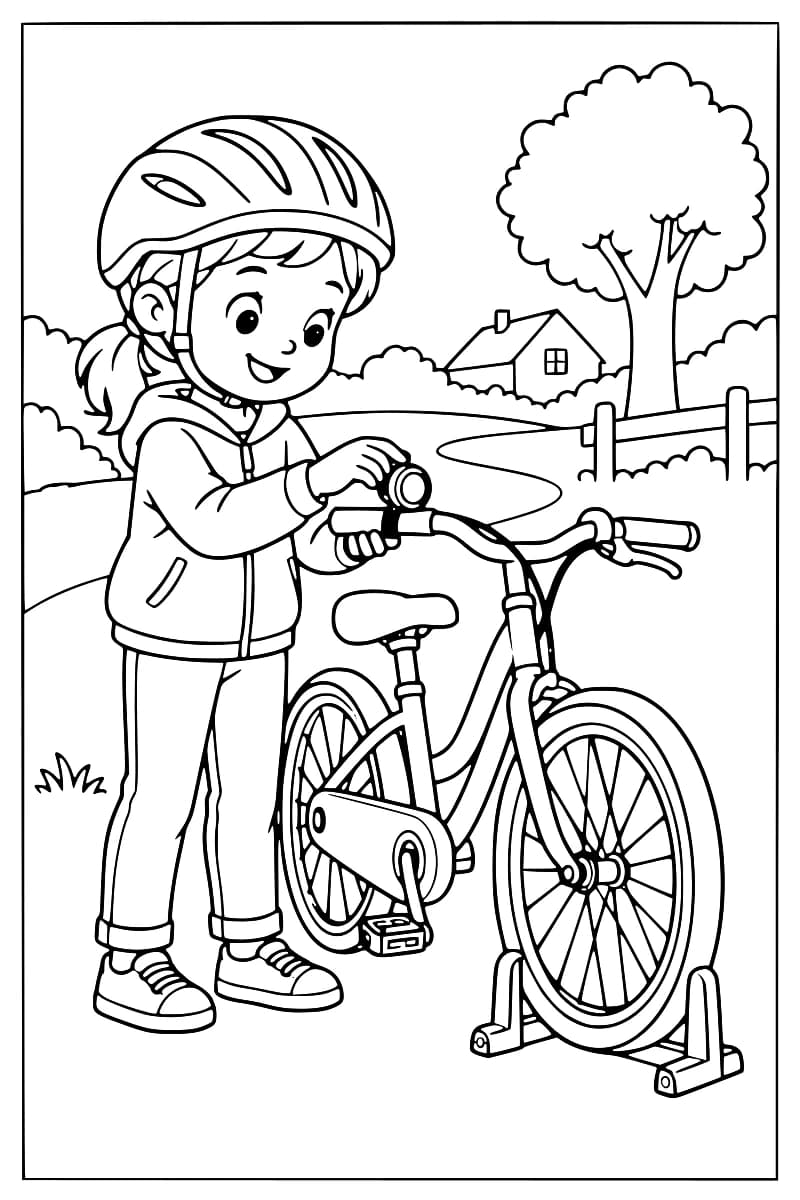 Dessin à colorier d’un enfant portant un casque et manipulant une lampe sur le guidon d’un vélo, avec un chemin, une maison, un arbre et une clôture en arrière-plan.