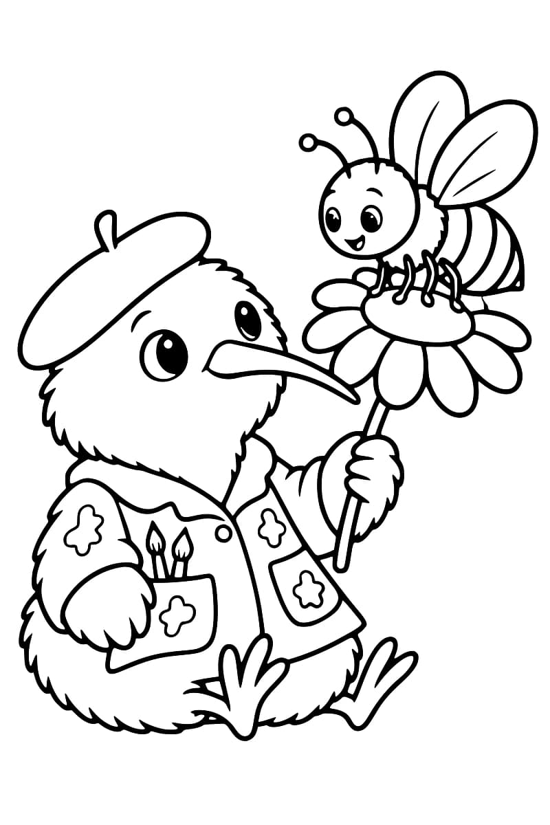 Dessin en noir et blanc d’un kiwi assis, portant un béret et une blouse avec des pinceaux dans une poche, qui tient une marguerite surmontée d’une abeille souriante aux ailes déployées.